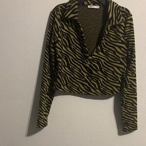 Zara Black and Olive Zebra Pattern polo Top